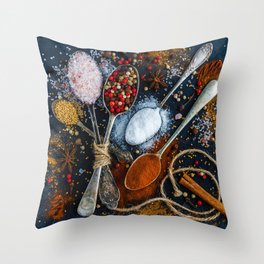 Spoons, Herbs and Spices in the Kitchen - Cooking Photography Throw Pillow