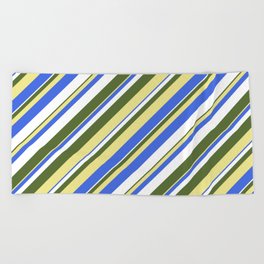 [ Thumbnail: Dark Olive Green, Tan, Royal Blue, and White Colored Stripes Pattern Beach Towel ]