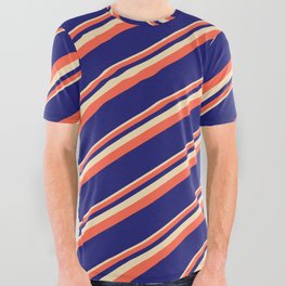 [ Thumbnail: Tan, Red, and Midnight Blue Colored Lined Pattern All Over Graphic Tee ]