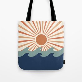 Retro, Sun and Wave Art, Blue and Orange Tote Bag