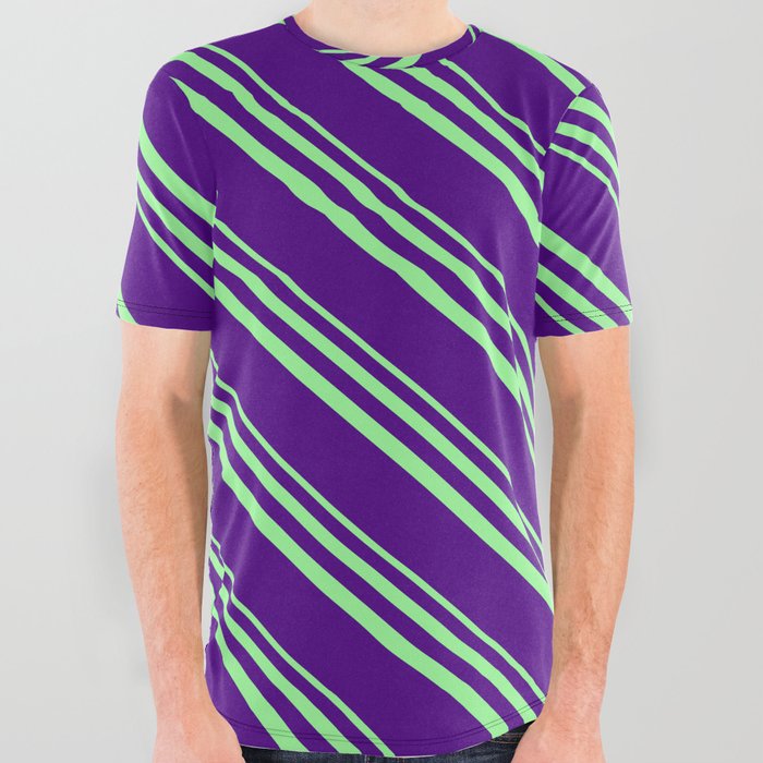 Green and Indigo Colored Lined/Striped Pattern All Over Graphic Tee