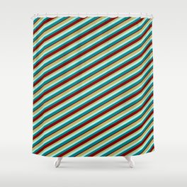 [ Thumbnail: Dark Khaki, Turquoise, Teal, and Maroon Colored Lines/Stripes Pattern Shower Curtain ]