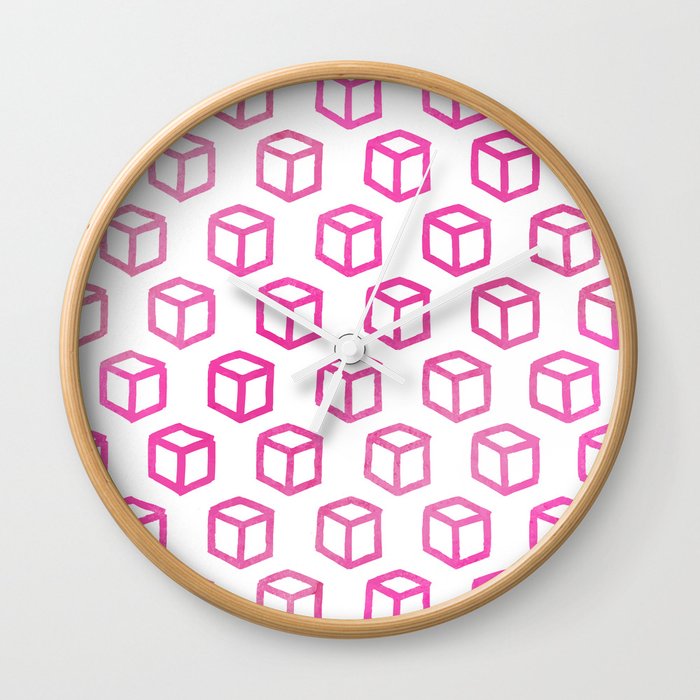 Abstract Hand Painted Magenta Pink Geometric Cubes Wall Clock
