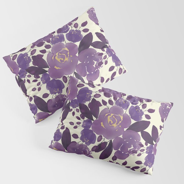 Elegant ivory gold lavender purple watercolor floral  Pillow Sham