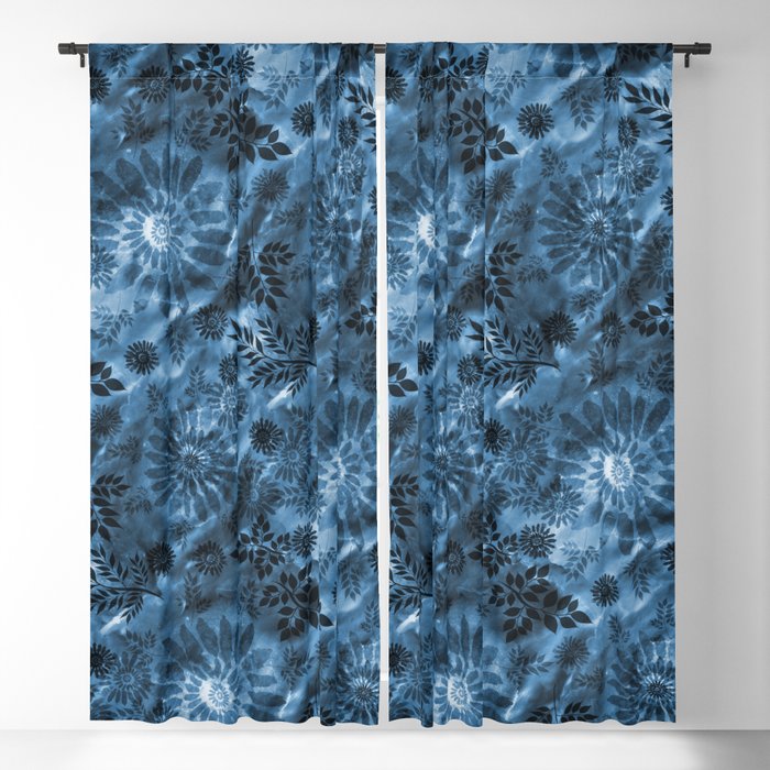 Botanical Watercolor Tie Dye in Dark Denim Blue Blackout Curtain