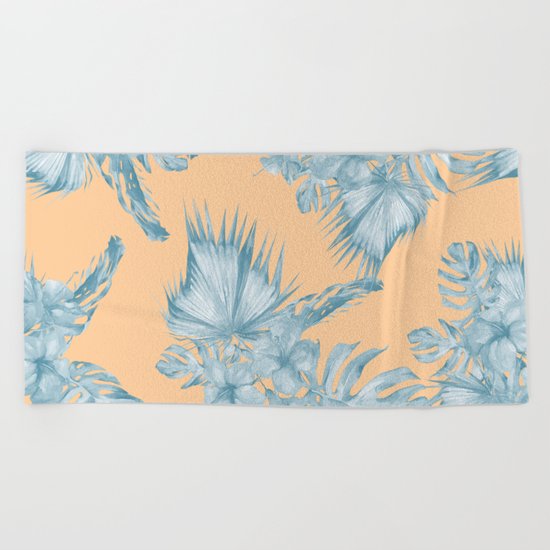 Ocean Blue Palm Leaves on Coral Apricot Beach Towel
