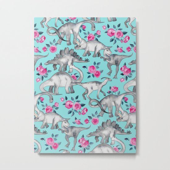 Dinosaurs and Roses - turquoise blue Metal Print