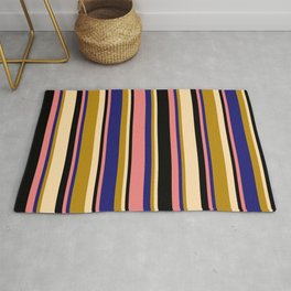 [ Thumbnail: Light Coral, Midnight Blue, Dark Goldenrod, Tan & Black Colored Lined Pattern Rug ]