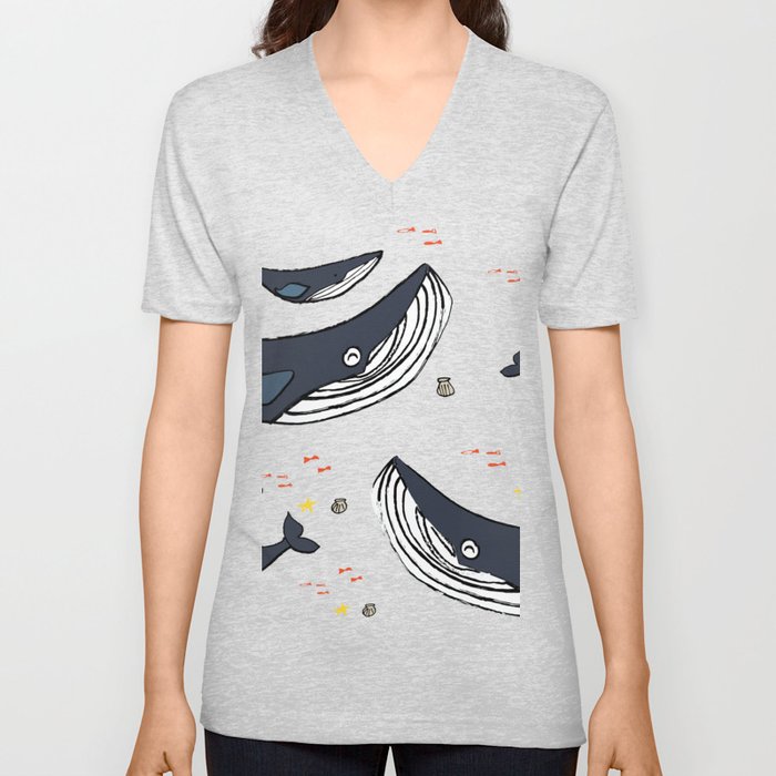 Ocean Blue Whale Blue V Neck T Shirt