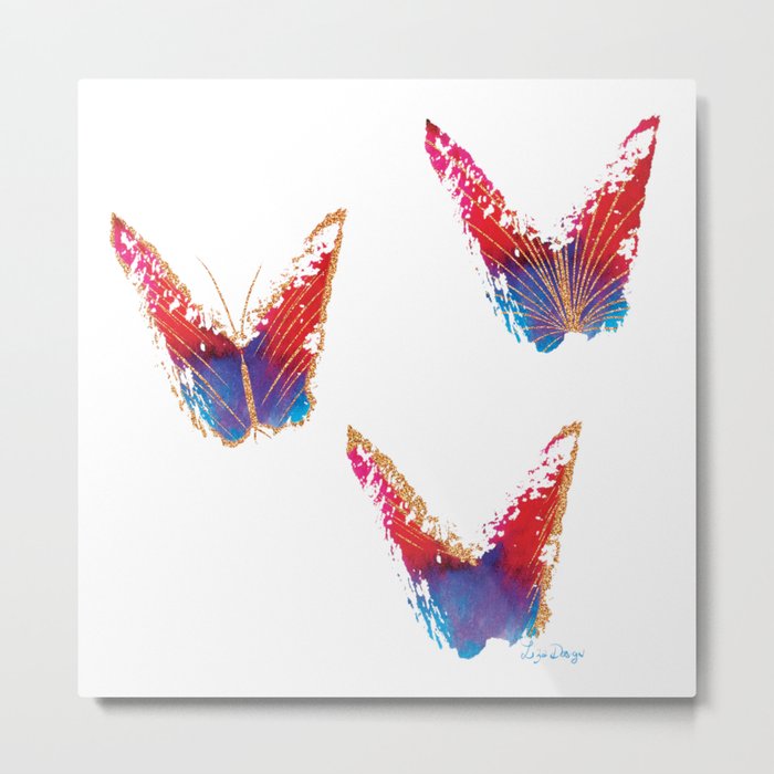Three abstract red and blue butterflies with copper effect Metal Print