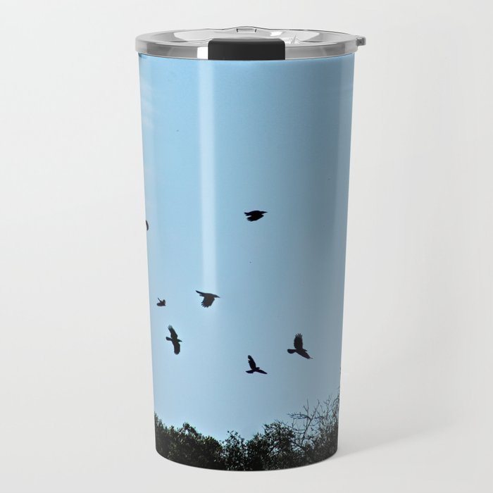 Ravens Flying Birds Over Trees Travel Mug