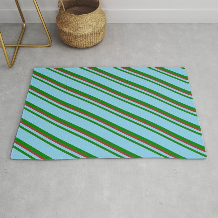 Sky Blue, Green, and Brown Colored Lines/Stripes Pattern Rug