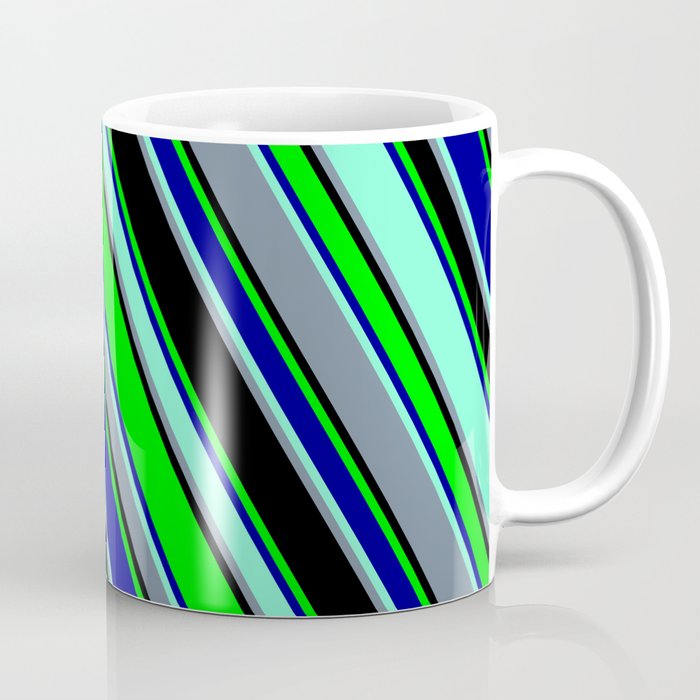 Colorful Black, Lime, Dark Blue, Aquamarine, and Light Slate Gray Colored Lined Pattern Coffee Mug