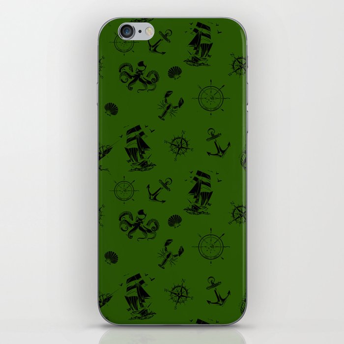 Green And Black Silhouettes Of Vintage Nautical Pattern iPhone Skin
