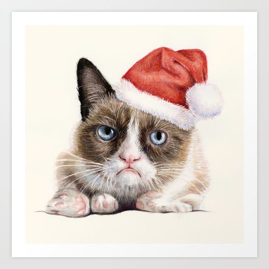 Grumpy Santa Cat Art Print