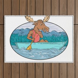 Moose Paddling Canoe Drawing Oval Outdoor Rug