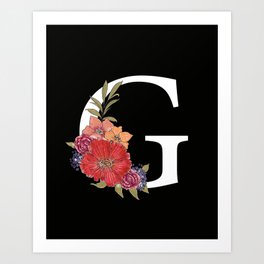 Monogram Letter G with Flowers Black background Art Print