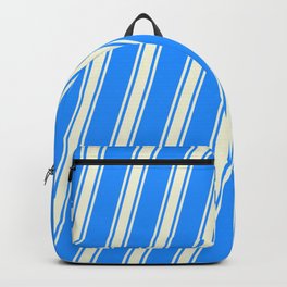 [ Thumbnail: Blue and Beige Colored Striped/Lined Pattern Backpack ]