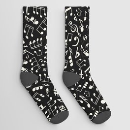 Antique White Musical Notation Pattern on Black Socks