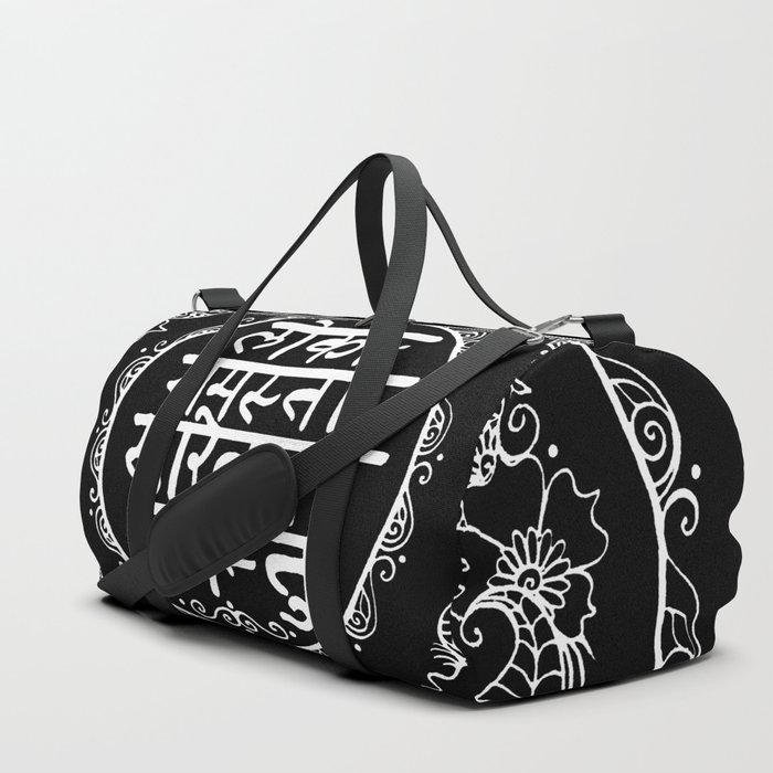 Square - Mandala - Mantra - Lokāḥ samastāḥ sukhino bhavantu - Black White Duffle Bag
