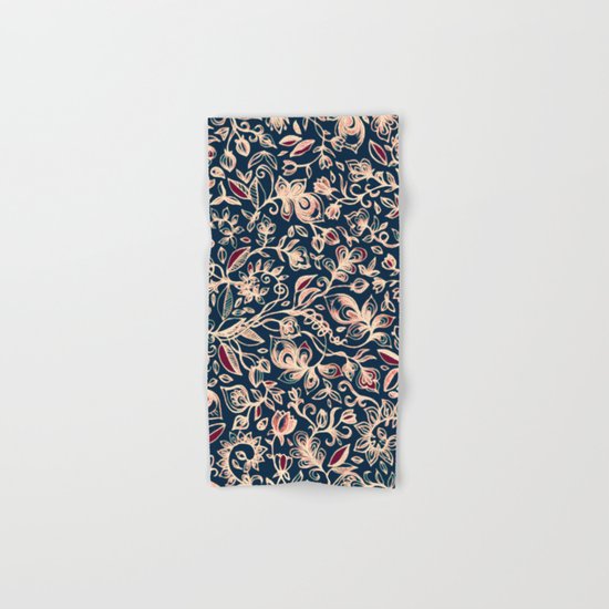 Navy Garden - floral doodle pattern in cream, dark red & blue Hand & Bath Towel