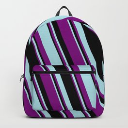 [ Thumbnail: Powder Blue, Purple, and Black Colored Striped/Lined Pattern Backpack ]