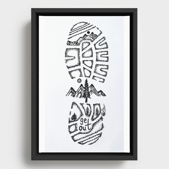 TREAD LIGHTLY - Mountain Hiking Boots - Pen &Ink Drawing by Bryn Reynolds  Framed Canvas