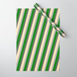 [ Thumbnail: Dim Grey, Beige, Dark Gray, and Green Colored Lines/Stripes Pattern Wrapping Paper ]