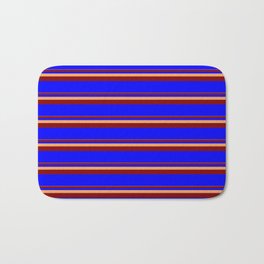 [ Thumbnail: Brown, Maroon, and Blue Colored Lined Pattern Bath Mat ]