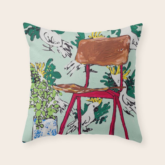School Chair and Mint Cockatoo Wallpaper Throw Pillow by Lara Lee