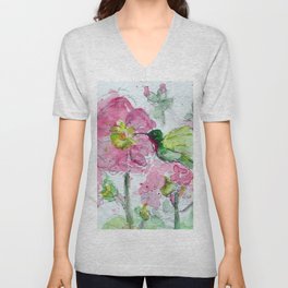 Hummingbird n Hollyhocks watercolor by CheyAnne Sexton V Neck T Shirt