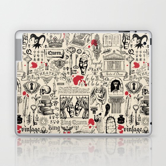 Abstract seamless pattern on the theme of theater and drama with black pencil drawings and red blots in vintage style.  Laptop & iPad Skin