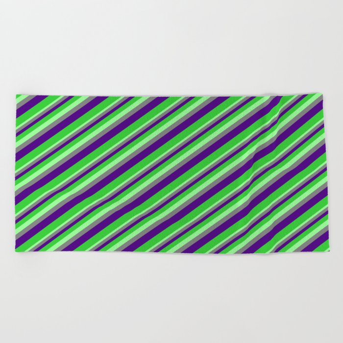Green, Gray, Indigo, and Lime Green Colored Stripes Pattern Beach Towel