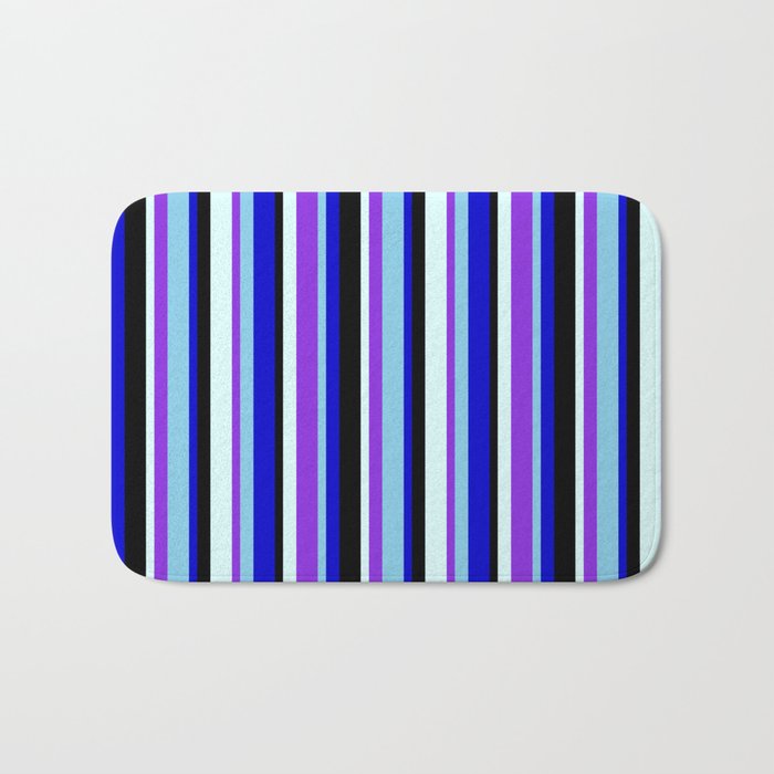 Vibrant Light Cyan, Purple, Sky Blue, Blue & Black Colored Stripes/Lines Pattern Bath Mat