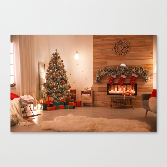 Decorated Living Room With Christmas Tree and Gifts Canvas Print