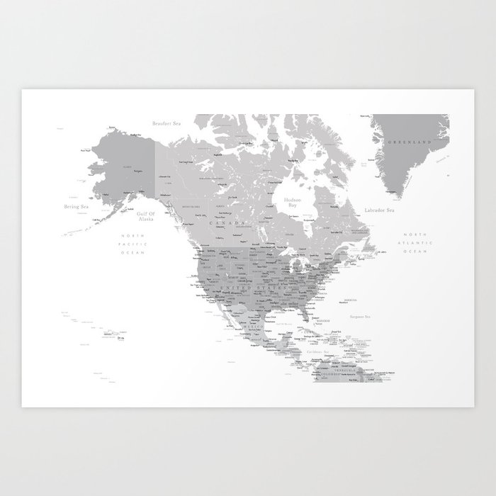 Gray map of North America Art Print