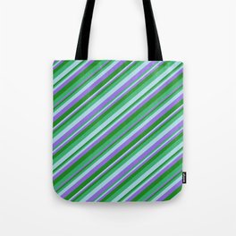 [ Thumbnail: Sea Green, Light Blue, Purple, and Forest Green Colored Lines/Stripes Pattern Tote Bag ]