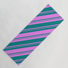 [ Thumbnail: Teal and Violet Colored Striped/Lined Pattern Yoga Mat ]