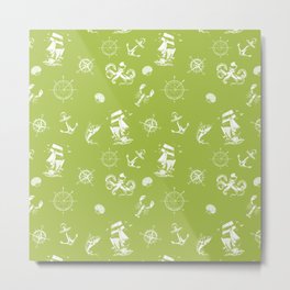 Light Green And White Silhouettes Of Vintage Nautical Pattern Metal Print