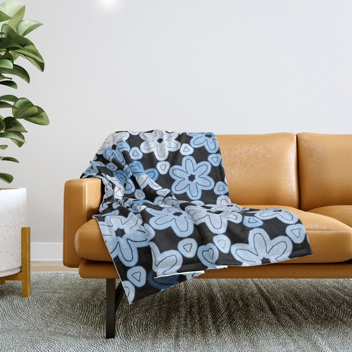 Multicolor Modern Blue and White Daisies on Black Throw Blanket