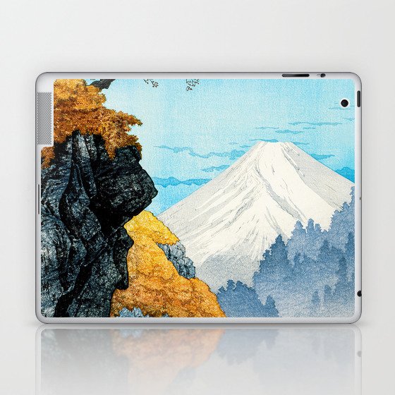 Blue Japanese Woodblock Print Of Foot of Mount Ashitaka by Hiroaki Takahashi,Volcano,Autumn,Landscape,Japan,Woodcut,Vintage,mountain, Laptop & iPad Skin