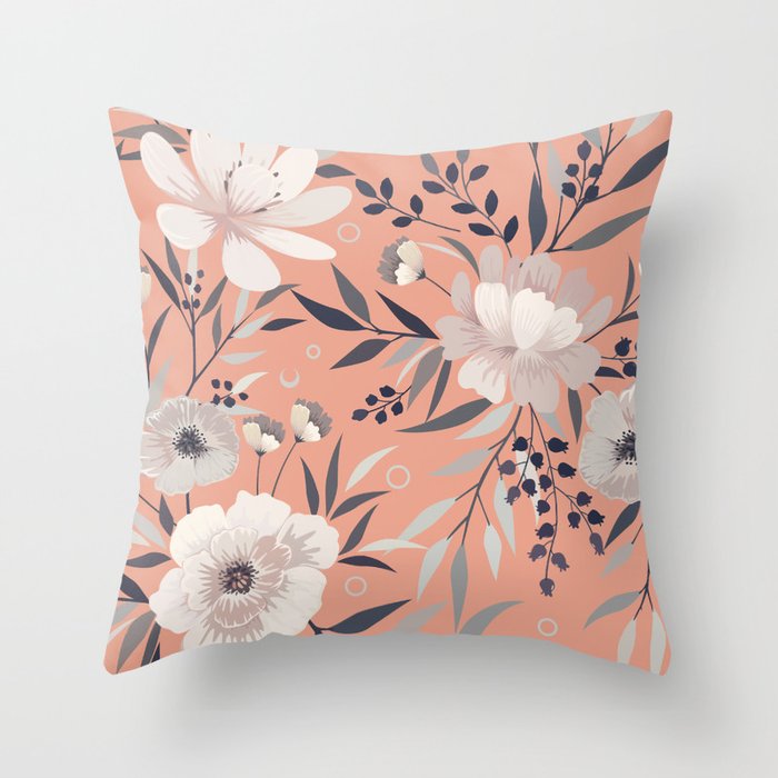 Modern Boho Floral Prints Peach Coral Gray White Throw Pillow