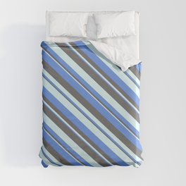[ Thumbnail: Cornflower Blue, Dim Gray, and Light Cyan Colored Striped Pattern Duvet Cover ]