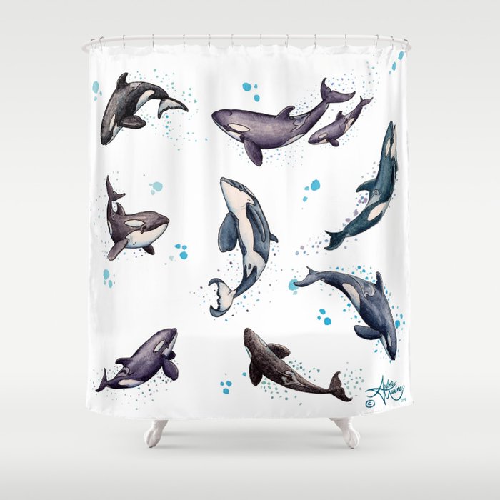 "Orca Pod in Watercolor" by Amber Marine, Killer Whale Art, © 2019 Shower Curtain