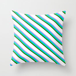 [ Thumbnail: Vibrant White, Plum, Deep Sky Blue, Lime & Black Colored Stripes Pattern Throw Pillow ]