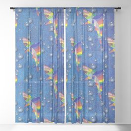 Colorful Shark Hand Drawn Design with Digital Bubbles on a Water Background Sheer Curtain