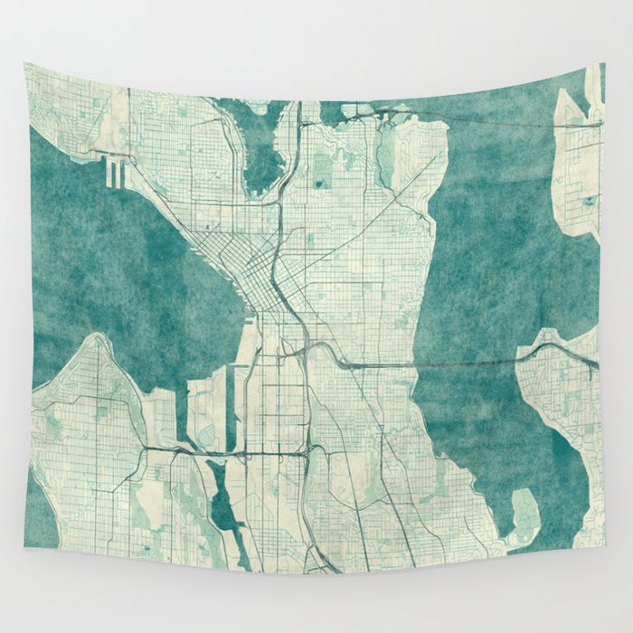 Seattle Map Blue Vintage Wall Tapestry by City Art Posters  Society6