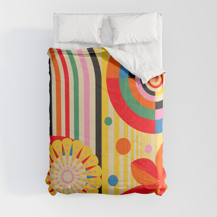 Bold Rainbow Sunflower, Circles, Girl and Pop Wave Comforter
