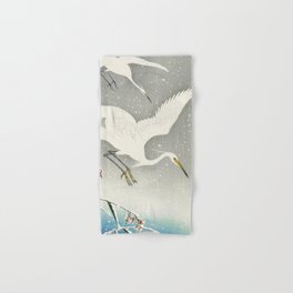 Egrets Descending from the sky - Vintage Japanese Woodblock Print Art Hand & Bath Towel