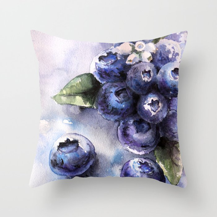 Watercolor Blueberries - Food Art Throw Pillow